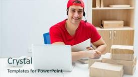  Presentation with distribution - Cool new PPT theme with call center worker at parcel backdrop and a sky blue colored foreground