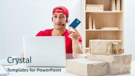  Presentation with call center - Cool new presentation theme with call center worker at parcel backdrop and a sky blue colored foreground