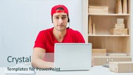  Presentation with distribution - PPT layouts with call center worker at parcel background and a  colored foreground