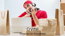  Presentation with call center - Cool new slide deck with call center worker at parcel backdrop and a coral colored foreground