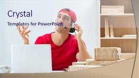 Presentation with call center - Amazing PPT theme having call center worker at parcel backdrop and a  colored foreground