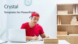  Presentation with call center - Amazing PPT layouts having call center worker at parcel backdrop and a  colored foreground