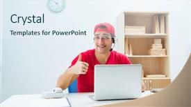  Presentation with call center - Audience pleasing theme consisting of call center worker at parcel backdrop and a  colored foreground