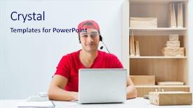  Presentation with distribution - Beautiful PPT layouts featuring call center worker at parcel backdrop and a sky blue colored foreground