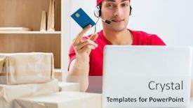  Presentation with distribution - Presentation design featuring call center worker at parcel distribution center in post office background and a sky blue colored foreground