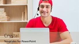  Presentation with distribution - Colorful slide set enhanced with call center worker at parcel distribution center in post off backdrop and a coral colored foreground