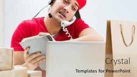  Presentation with distribution - Slide set having call center worker at parcel distribution center in post off background and a soft green colored foreground