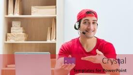  Presentation with distribution - Cool new slide set with call center worker at parcel distribution center in post off backdrop and a crimson colored foreground