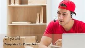  Presentation with distribution - Slide deck having call-center-worker-at-parcel background and a coral colored foreground