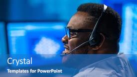  Presentation with call center - PPT theme with call-center-worker-is-speaking background and a teal colored foreground