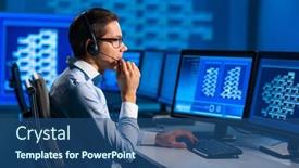  Presentation with call center - PPT theme having call-center-worker-is-speaking background and a ocean colored foreground