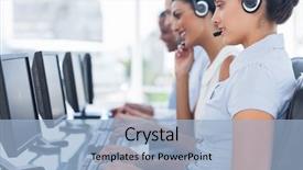  Presentation with computers - Amazing slide deck having call centre workers sitting backdrop and a light blue colored foreground