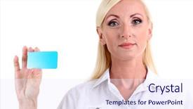  Presentation with business card - Slide set enhanced with call duty - business woman portrait with visiting background and a sky blue colored foreground