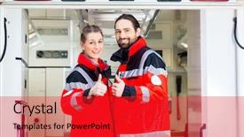  Presentation with ambulance - PPT theme having call duty - emergency doctor and nurse standing background and a red colored foreground