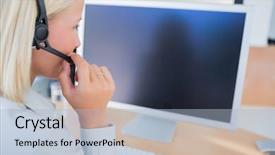  Presentation with my panorama on computer screen - Audience pleasing PPT theme consisting of wellness screening - businesswoman with headset looking backdrop and a light blue colored foreground