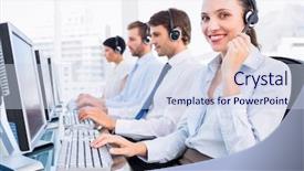  Presentation with business office desk - Beautiful PPT theme featuring business colleagues with headset backdrop and a sky blue colored foreground