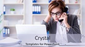  Presentation with female office graphics - Audience pleasing PPT layouts consisting of call papers - businesswoman working in the office backdrop and a light blue colored foreground