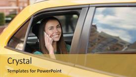  Presentation with talking on phone - Amazing PPT theme having call routing - beautiful smiling girl talking backdrop and a yellow colored foreground