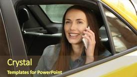  Presentation with phone - Slide deck enhanced with call routing - beautiful smiling girl talking background and a tawny brown colored foreground