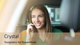  Presentation with talking on phone - Slide deck consisting of call routing - beautiful woman talking on phone background and a coral colored foreground