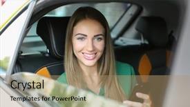  Presentation with taxi - Slide set consisting of call routing - beautiful woman with phone sitting background and a coral colored foreground