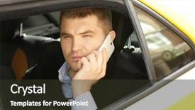  Presentation with talking on phone - Colorful PPT theme enhanced with call routing - handsome man talking on phone backdrop and a tawny brown colored foreground