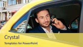  Presentation with talking on phone - Colorful PPT theme enhanced with call routing - handsome man talking on phone backdrop and a yellow colored foreground