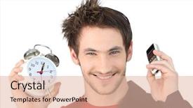  Presentation with telephone mobile - PPT layouts enhanced with call routing - man holding alarm clock background and a lemonade colored foreground