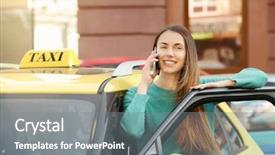  Presentation with car accident cell phone - PPT layouts featuring call routing - young woman standing near taxi background and a gray colored foreground