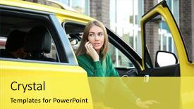 Presentation with taxi - Amazing PPT theme having call routing - young woman talking on phone backdrop and a yellow colored foreground