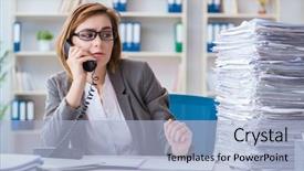  Presentation with working - Slide set consisting of call submission - businesswoman working in the office background and a light blue colored foreground