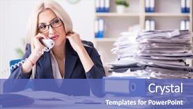  Presentation with office desk reception - PPT theme enhanced with call submission - busy businesswoman working in office background and a  colored foreground