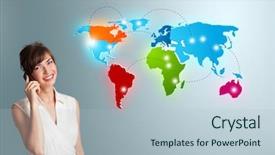  Presentation with woman world - Presentation design with call with colorful world map background and a light blue colored foreground