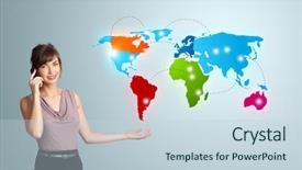  Presentation with woman world - Cool new presentation design with call with colorful world map backdrop and a lemonade colored foreground