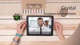  Presentation with technical support - Colorful PPT layouts enhanced with call with technical support operator backdrop and a coral colored foreground