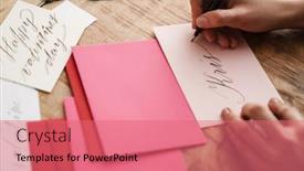  Presentation with valentines - Amazing theme having calligrapher-girl-writing-while-working backdrop and a coral colored foreground