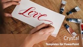  Presentation with valentines - Colorful PPT theme enhanced with calligrapher-girl-writing-while-working backdrop and a coral colored foreground