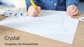  Presentation with wooden english letters alphabet - Audience pleasing presentation consisting of calligraphy alphabet - little girl learning to write backdrop and a soft green colored foreground