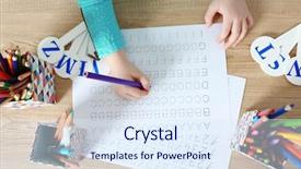  Presentation with wooden english letters alphabet - Presentation theme enhanced with calligraphy alphabet - little girl learning to write background and a sky blue colored foreground