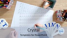  Presentation with wooden english letters alphabet - Audience pleasing PPT theme consisting of calligraphy alphabet - little girl learning to write backdrop and a light blue colored foreground