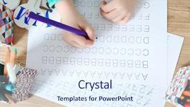  Presentation with wooden english letters alphabet - Cool new slide deck with calligraphy alphabet - little girl learning to write backdrop and a sky blue colored foreground