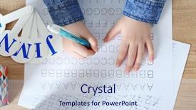  Presentation with english - Theme having calligraphy alphabet - little girl learning to write background and a sky blue colored foreground