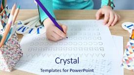  Presentation with wooden english letters alphabet - Theme with calligraphy alphabet - little girl learning to write background and a sky blue colored foreground