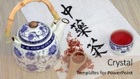  Presentation with calligraphy - Cool new presentation theme with safflower herb tea also used in chinese herbal medicine with teapot cup and calligraphy script on rice paper translation reads as chinese herbal tea backdrop and a coral colored foreground