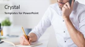  Presentation with business communication - Colorful PPT layouts enhanced with calling on smartphone and writing backdrop and a white colored foreground