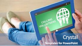  Presentation with green screen - Amazing PPT theme having calling volunteers text with icons backdrop and a  colored foreground