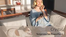  Presentation with listening woman - Presentation theme having calm-adult-caucasian-woman-relax background and a coral colored foreground