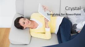  Presentation with bright yellow - Amazing PPT theme having calm casual brunette in yellow cardigan using a tablet pc lying on a couch in bright living room backdrop and a light gray colored foreground