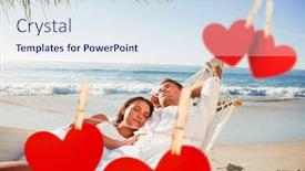  Presentation with calm - Beautiful presentation theme featuring calm couple napping in a hammock against hearts hanging on a line backdrop and a sky blue colored foreground