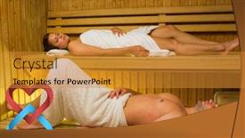  Presentation with hearts - Presentation theme having calm couple relaxing in a sauna against linking hearts background and a gold colored foreground